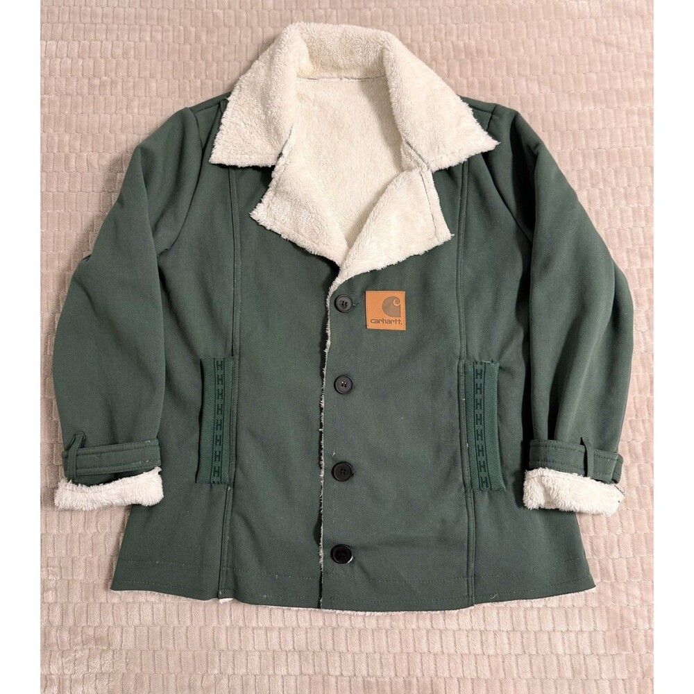 Carhartt Women’s Green Sherpa Lined Work Jacket Button Front Size L Workwear